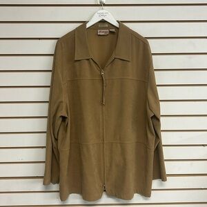 Joanna Plus Faux Suede Stretch Jacket Full Zip Size 3X Tan Khaki Color EUC Layer